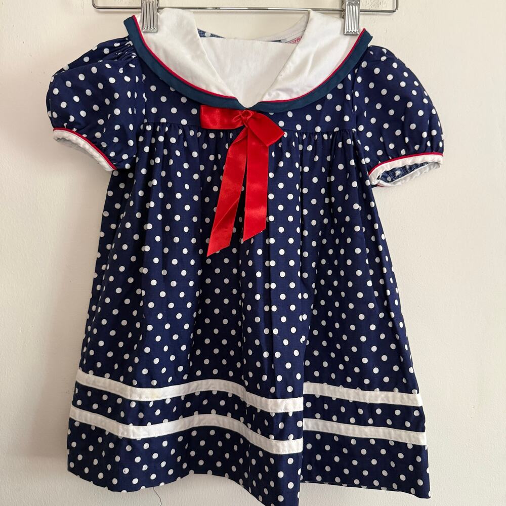 80s Vintage Roanna Blue Polka Dot  Sailor Style Preppy Dress  4T